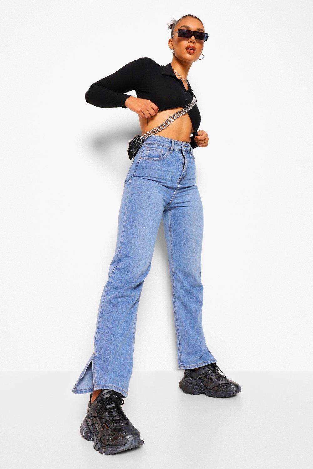 High Waisted Split Straight Leg Jeans | boohoo